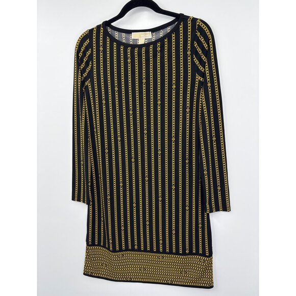 Michael Kors Chain Print Stretch Long Sleeve Dress Black Gold Petite Small - Picture 3 of 6